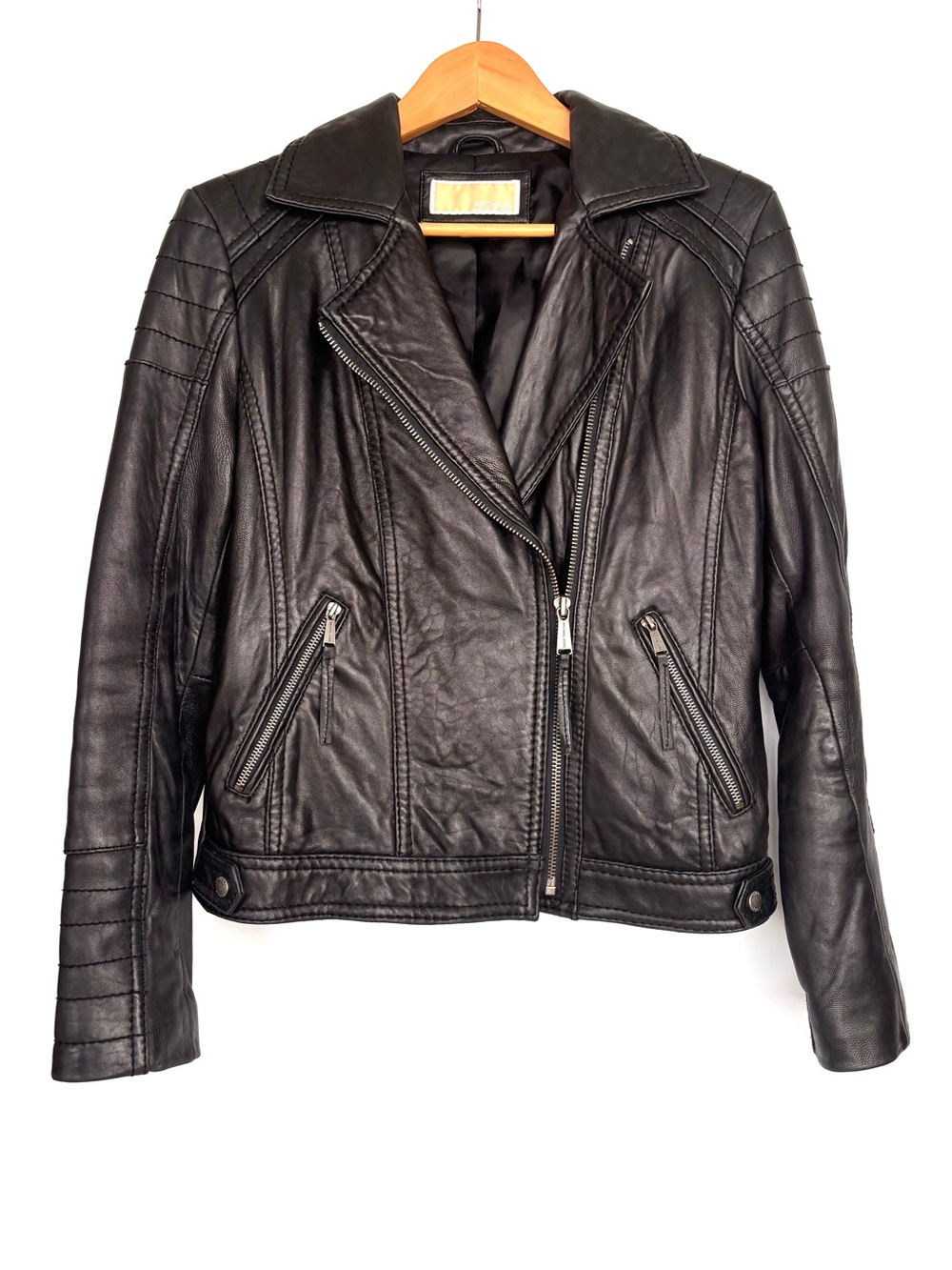 Michael Kors Black Leather Asymmetric Zip Moto Jacket M